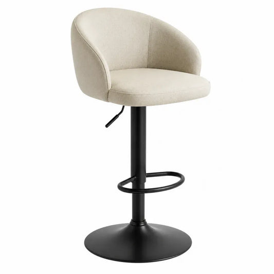 Taburete de bar giratorio regulable con respaldo asiento tapizado tejido beige base metálica negra con reposapiés circular altura ajustable 85-105 cm 45 cm ancho 50 cm profundidad