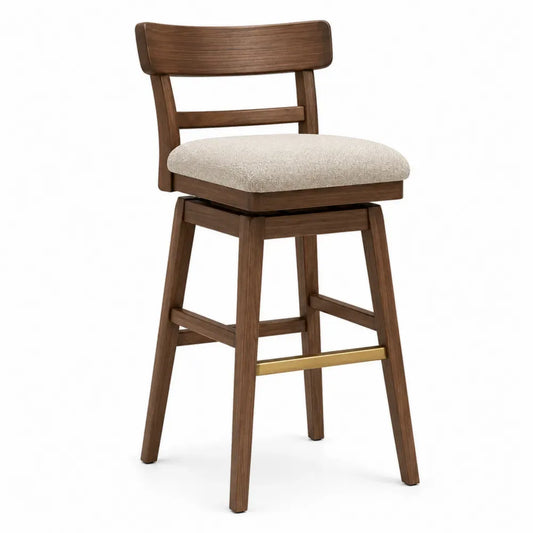 Taburete de bar con respaldo asiento tapizado madera maciza de caucho estructura de madera y metal dorado reposapiés 95 cm x 45 cm x 50 cm marrón beige dorado