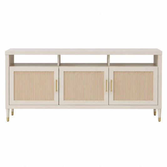 Mueble de TV de madera beige con 3 puertas y estante abierto estructura MDF patas de madera con detalles dorados 160 cm ancho 40 cm fondo 50 cm alto