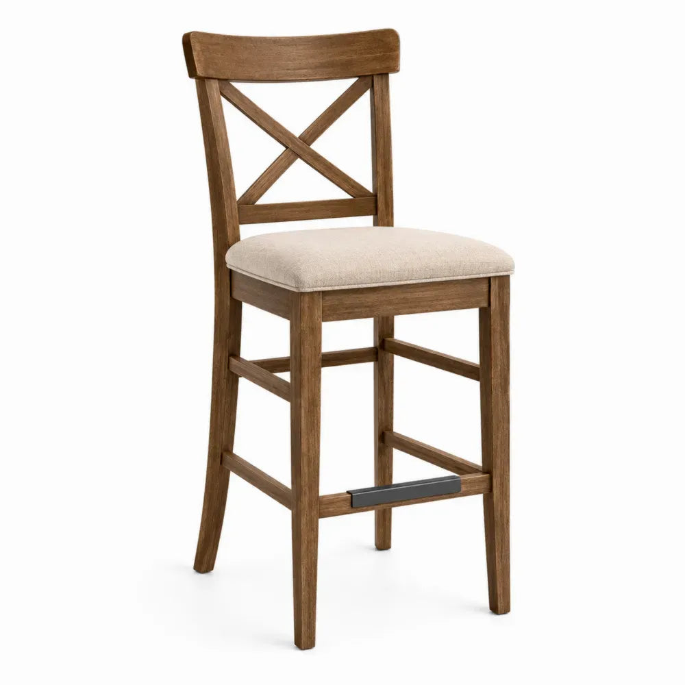 Taburete de bar con respaldo cruzado de madera asiento rectangular tapizado beige reposapiés negro 105 x 45 x 50 cm
