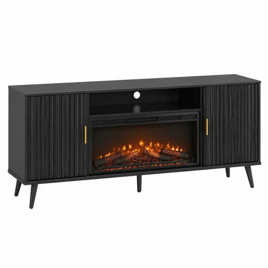Mueble TV con chimenea eléctrica MDF negro con puertas ranuradas estructura metálica 180 x 40 x 60 cm