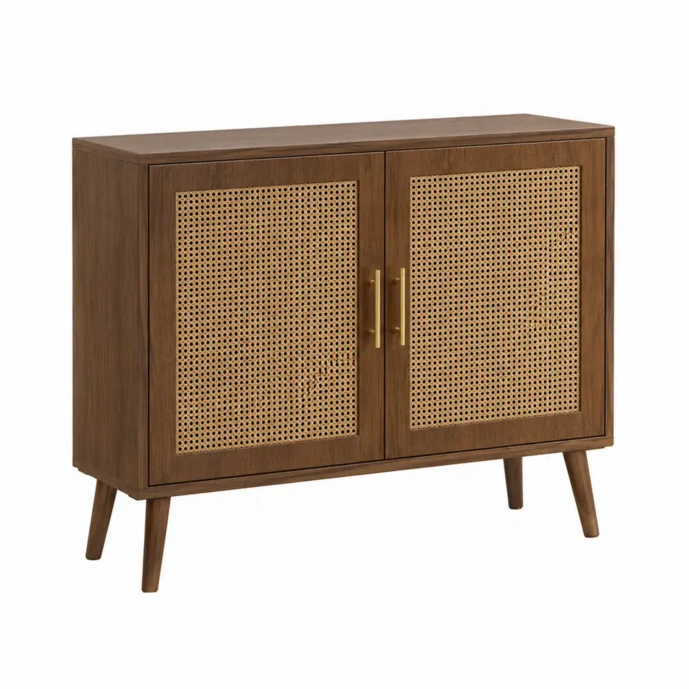 Aparador bajo con dos puertas de rejilla de ratán MDF efecto nogal marrón patas de madera y tiradores dorados 100 x 35 x 80 cm