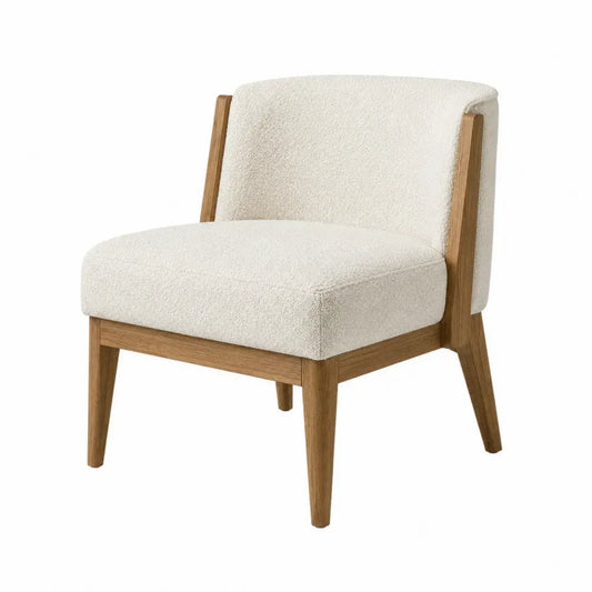 Sillón individual tapizado en tejido bouclé beige con estructura de madera de fresno natural 78 x 78 x 80 cm