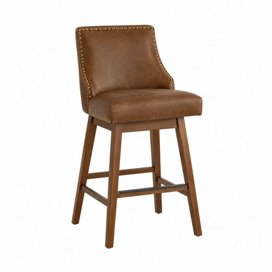 Taburete de bar con respaldo asiento tapizado en cuero sintético marrón con remaches estructura de madera maciza reposapiés metálico negro 95 cm x 45 cm x 50 cm