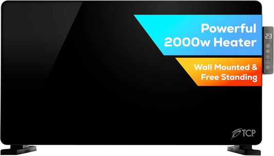 Radiador, 2000 W, Calefacción de panel de cristal negro, eléctrico de pared o de pie con panel de control lateral, control programable