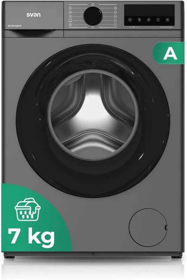 Lavadora SL7201AIDVX, 7 kg, 1600W, 1200rpm, 11 Programas, Motor Inverter, acero inoxidable, Svan Carga Frontal, Función Stop&Go, Tambor Diamante