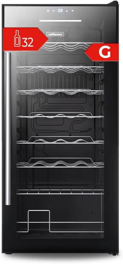 NVN3200S, Pantalla Digital, 39 dB, 32 Botellas, Enfriador de Vino Negro, Nivel Sonoro, Zona de Temperatura Única, Puerta de Vidrio