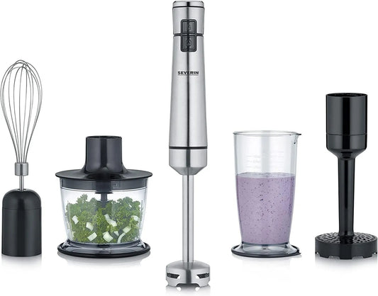 Severin SM 3775 batidora de mano, acero inoxidable, Batidora Portátil con Multiherramienta, Vaso de Mezcla, Triturador de Patatas y Varillas, Negro