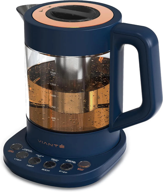 Hervidor eléctrico, 1.5 Litros, Vianté con Infusor para Té en Hojas Sueltas, Hervidor Caliente con Control de Temperatura y Apagado Automático