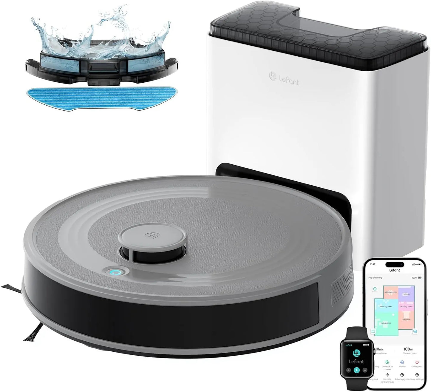 Robot aspirador PSD 190, 10,000pa, 240min, 5200mAh, Aspiradora Robot LEFANT y Fregona, Autolimpieza 75 Días, Navegación LiDAR dToF, Batería