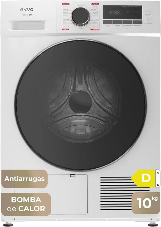 Secadora S10, 10 kg, 16 Programas, Bomba de Calor EVVO Nature D, Eficiencia Energética D, Sensor de Humedad, Instalación Fácil
