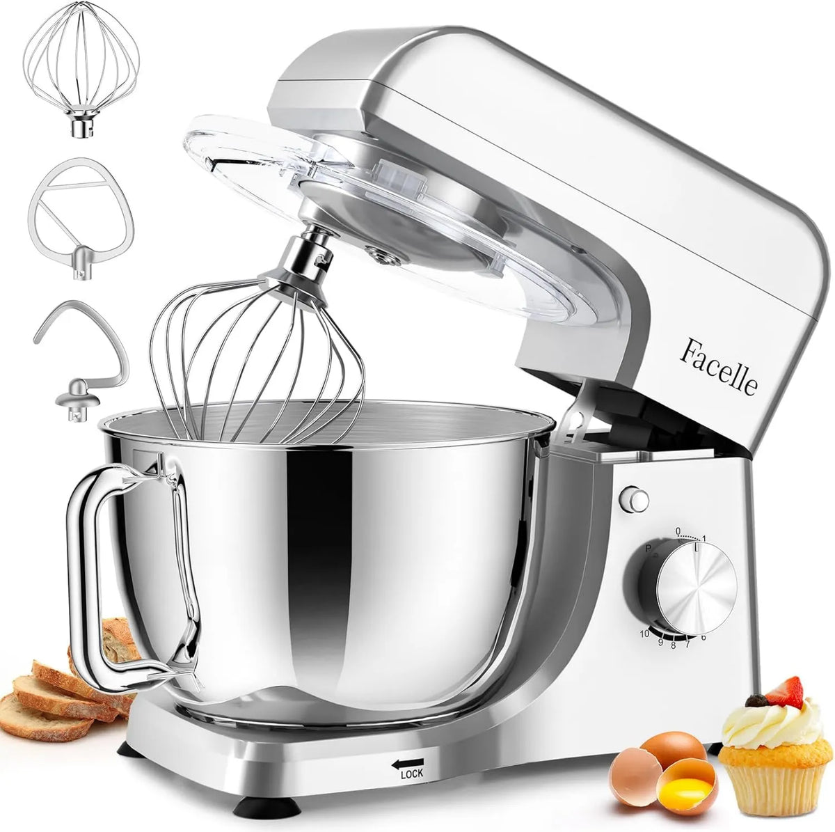 Amasadora de cocina, 1300W, 5,5L, 10 Velocidades, acero inoxidable, Amasadora de Repostería, Amasadora de Pan con + Función Pulse, Movimiento Orbital