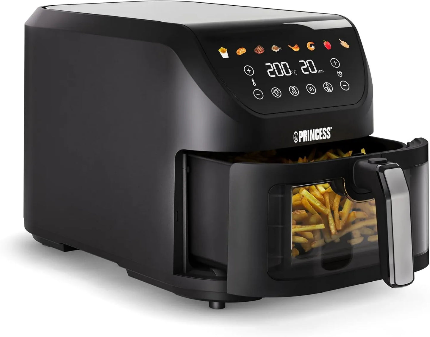 Princess 182257 freidora de aire, ajuste regulable, cocción por aire caliente, 8L, 2000W, 8 Programas, SlimFry Airfryer, Pantalla Táctil Digital