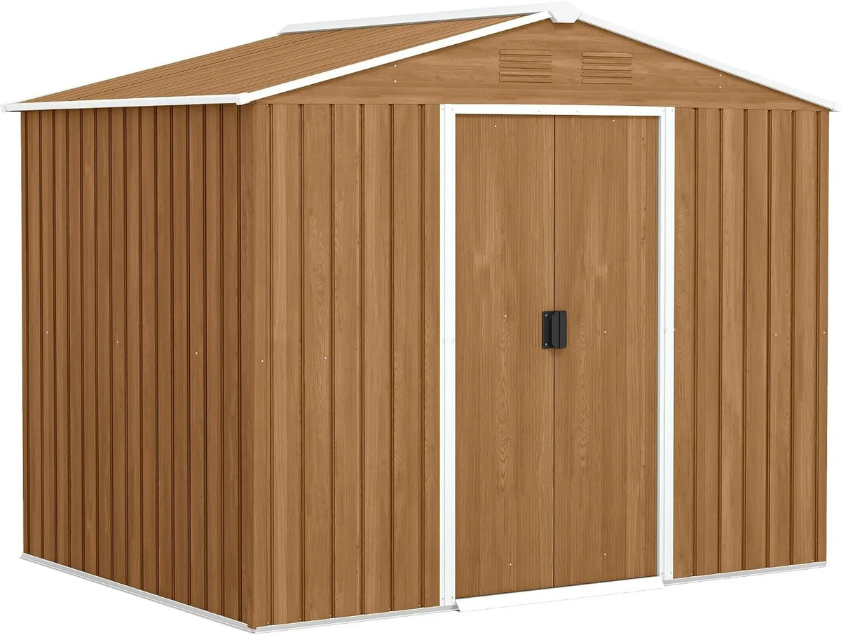 Outsunny cobertizo de jardín, 3,6 m², Cobertizo con Puerta Doble Corredera con Cerradura, Techo Inclinado, Efecto Madera Marrón