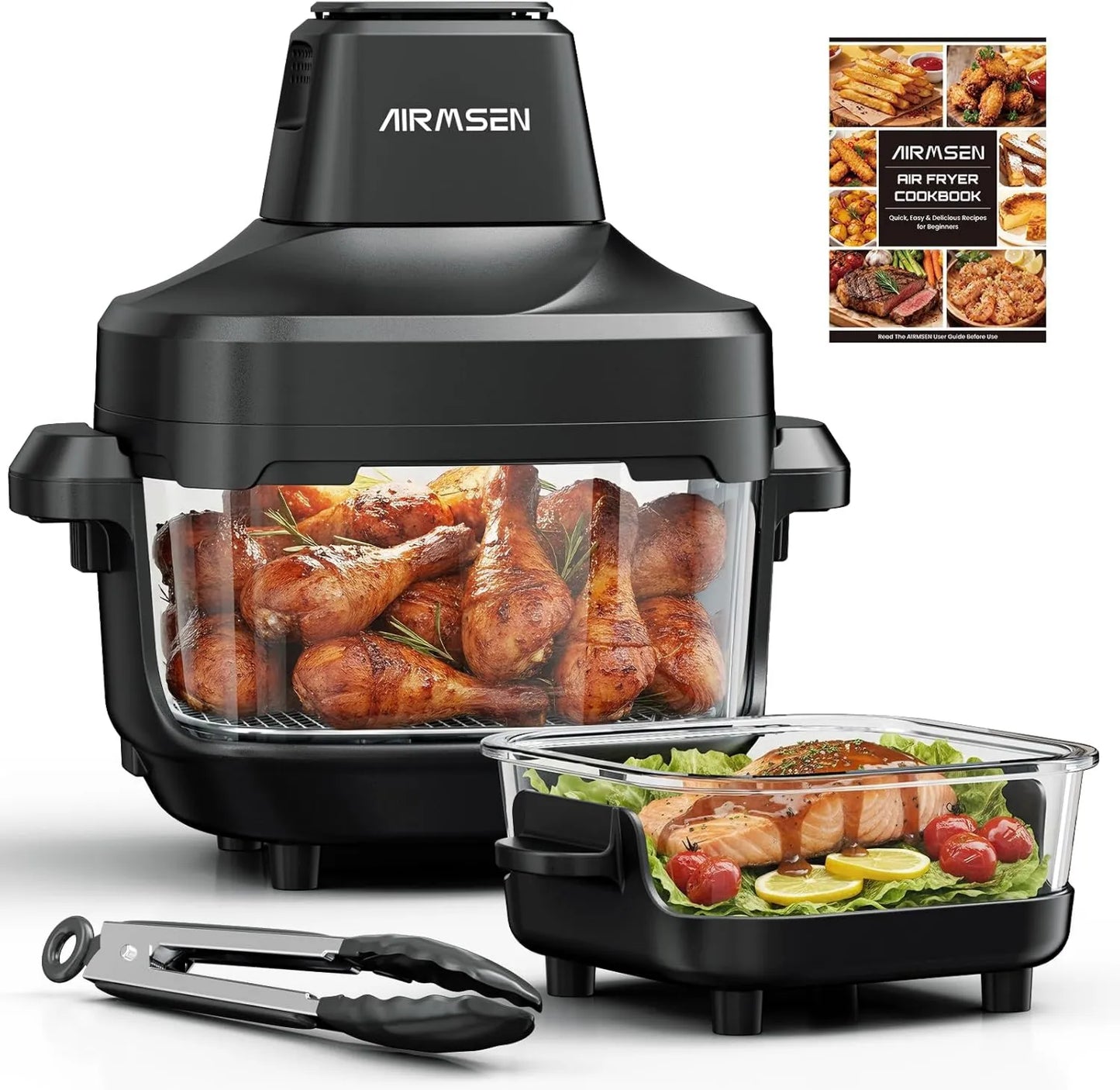 Freidora de aire, 1500W, 4.5L, 1.2L, 60-230°C, Aire Portátil de Cristal, Contenedores Dobles con Tapa, 4 Funciones Preestablecidas