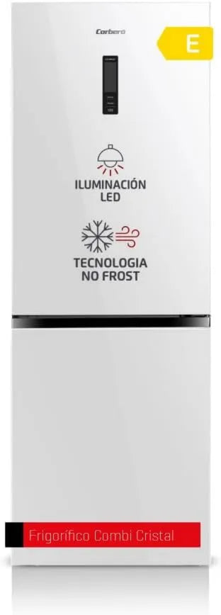 Corbero CCHGL185NFW frigorífico combi, pantalla digital, tecnología No Frost, iluminación LED, 323L, 185cm, 4 Botellas, Puerta Display, Cajón Crisper