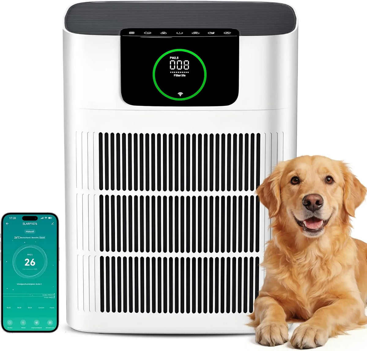Purificador de aire, 330 m³/h, 100 m², funcionamiento silencioso, filtro HEPA, aire con y carbón activado para moho, pelo de animal