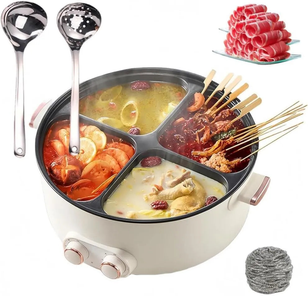 Olla Eléctrica Multifuncional de Cuatro Compartimentos, 6 L, Una Olla con 4 Sabores, Experiencia de Cocina Múltiple