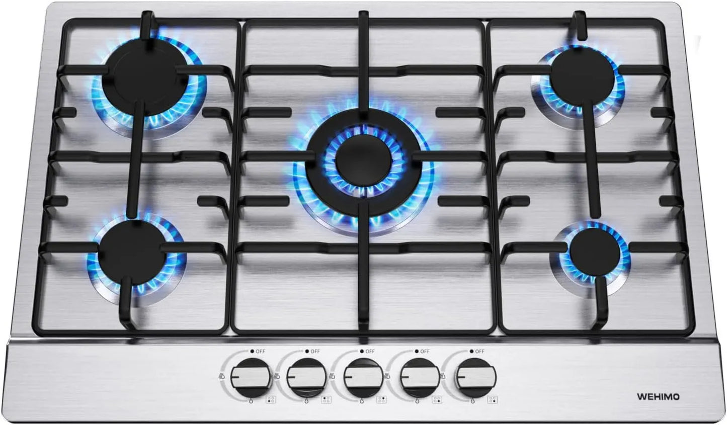 Placa de gas, acero inoxidable, compatible con gas natural y GLP, compatible con gas propano, 5 quemadores, cocina de gas, rejilla de hierro fundido