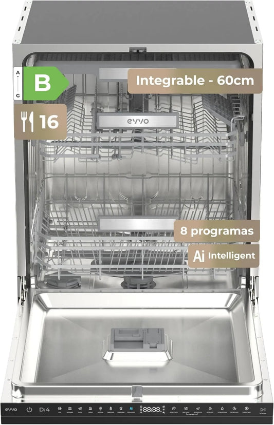 Lavavajillas, 45 dB, 60 cm, 8 Programas, Eficiencia Energética B, Apertura Automática, Luz Indicadora Fin de Ciclo