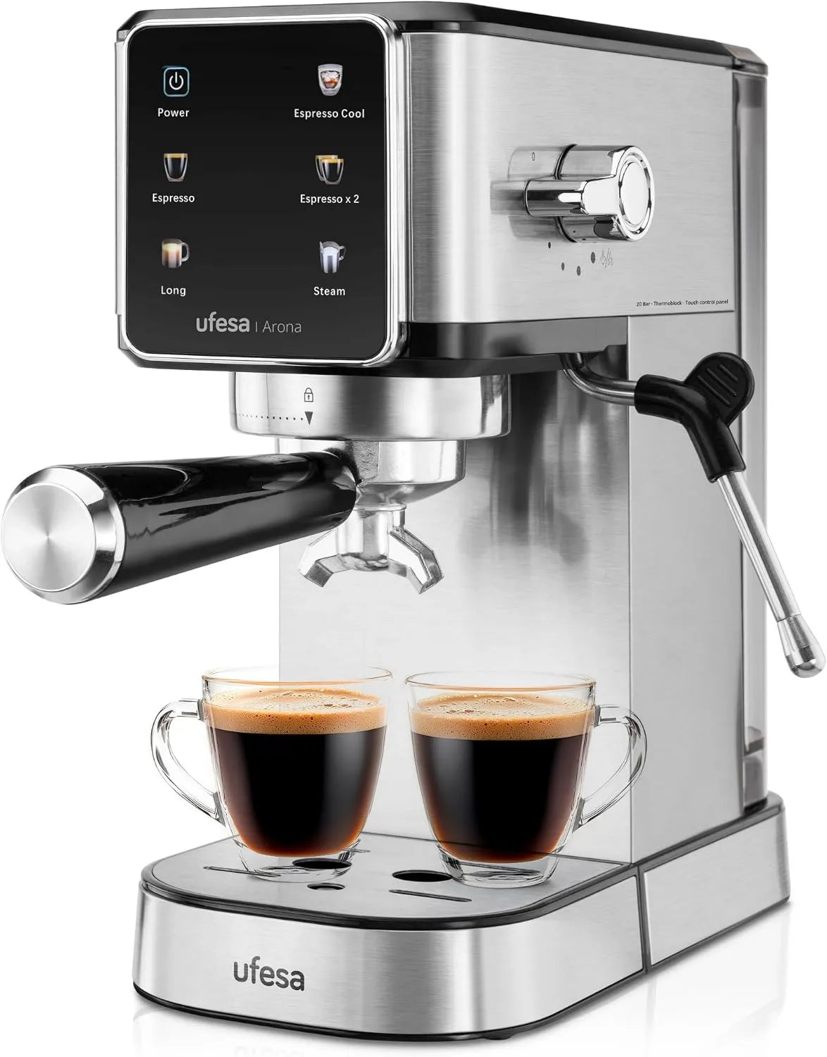 Cafetera espresso, ajuste regulable, función de vapor, 1350 W, 1L, Ufesa Arona con Panel Táctil de Color, Función Espresso Cool, Depósito de Agua