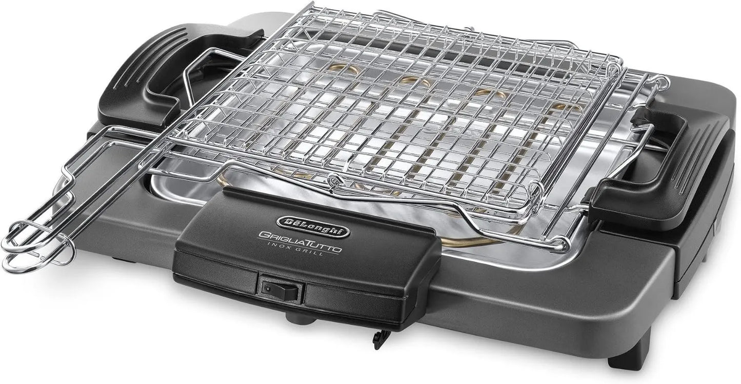 De'Longhi BQ60 parrilla eléctrica, Barbacoa Eléctrica con Doble Parrilla y Plancha, Mango Aislado, Doble Rotación, Bandeja de Goteo, Limpieza Fácil