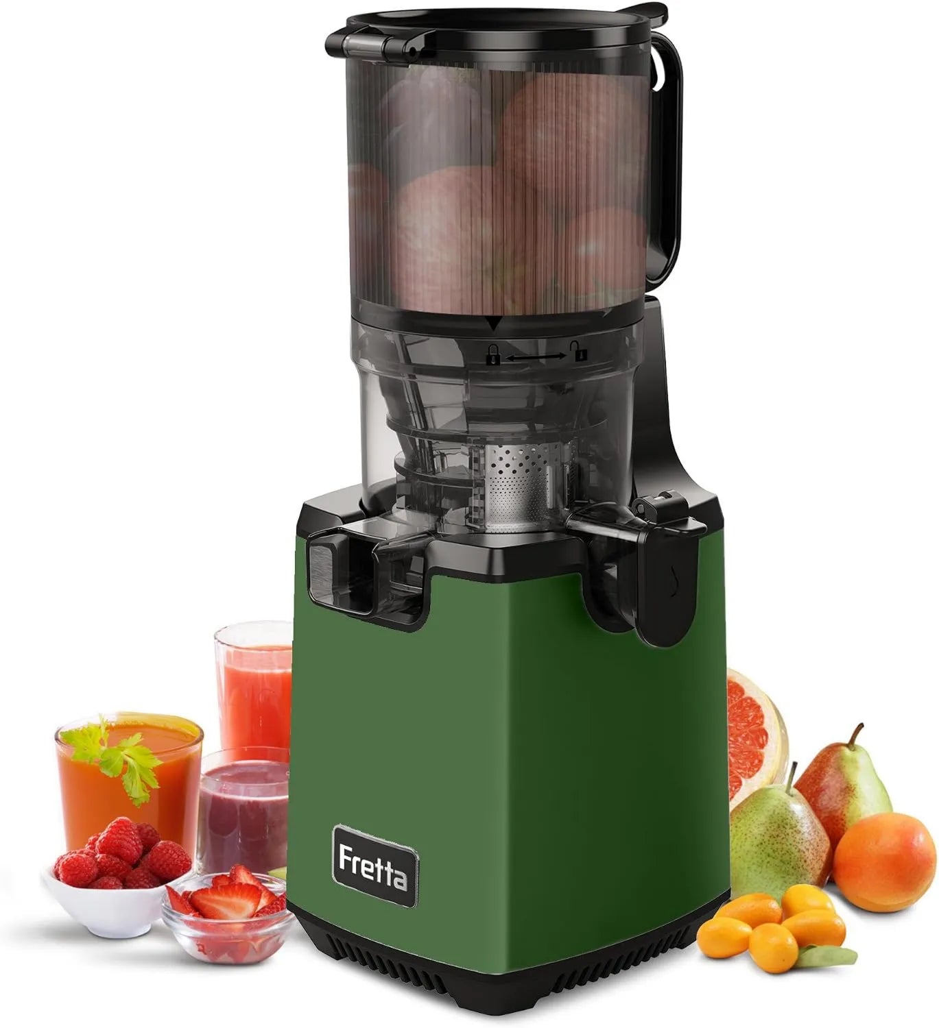 Extractor de zumo, 135 mm, Jugos y Verduras Fretta Whole Fruit, Exprimidor de Juegos, Prensado en Frío, Sistema Antigoteo