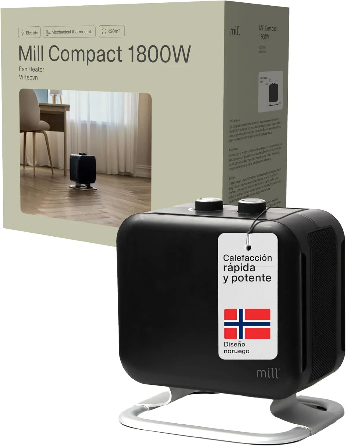 Calefactor eléctrico, 1800W, Compacto Mill Negro con pie de aluminio