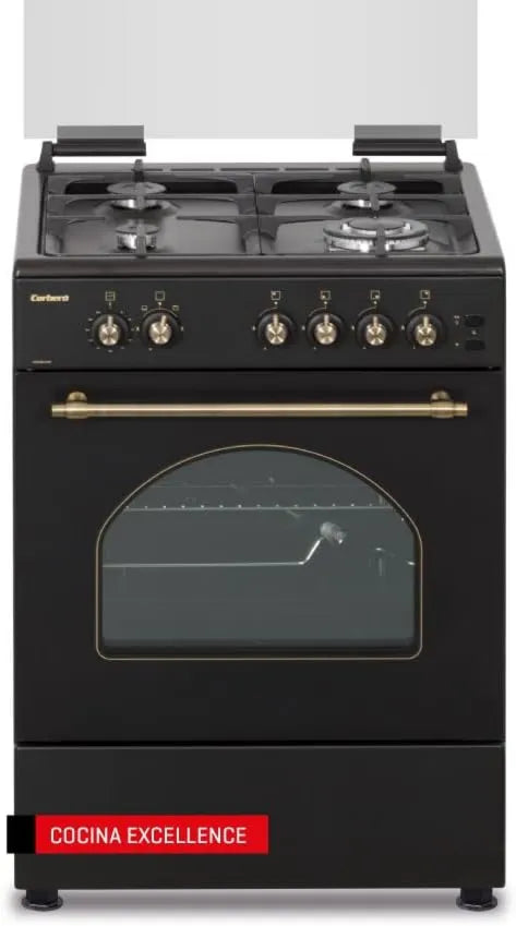 Corbero CCSF6022NR placa de gas, 55L, 60 cm, 4 Quemadores, Cocina de Gas Butano Excellence, Horno con Puerta de Triple Cristal, Encimera de Vidrio