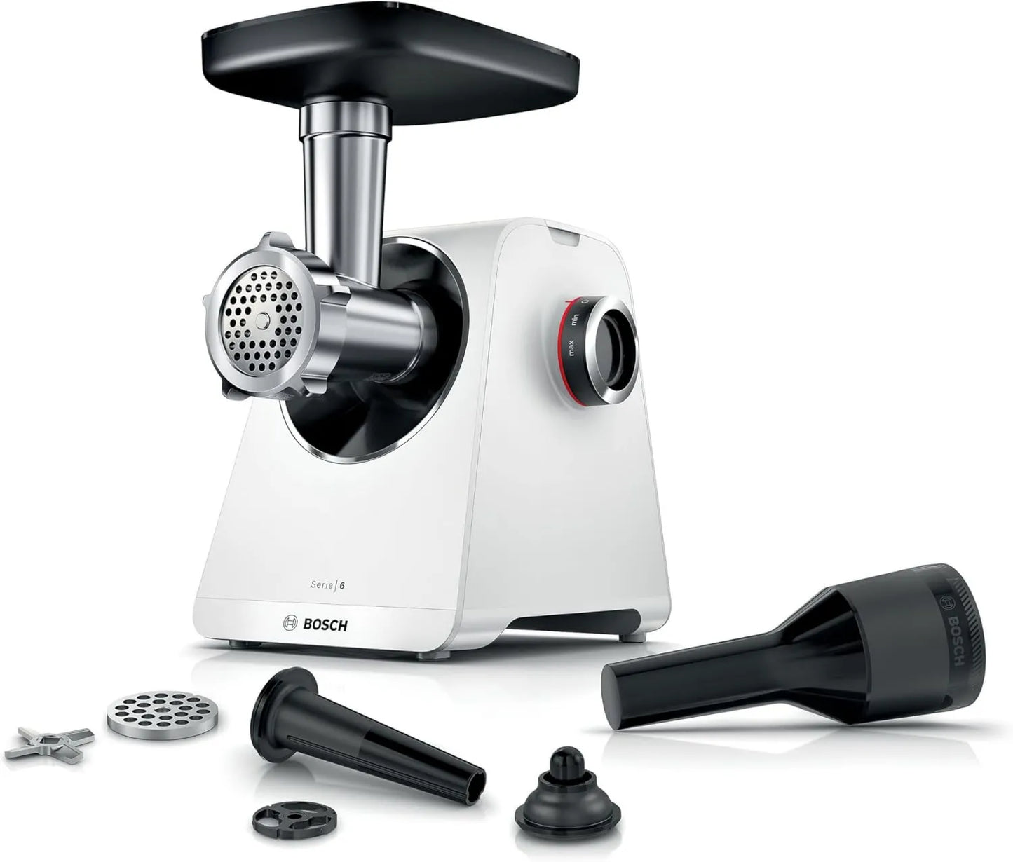 Bosch MFWS607W picadora de carne, 3,5 kg, 8 mm, 2 niveles, Serie 6, 2 discos perforados, apisonador de salchichas, accesorio para kebbe