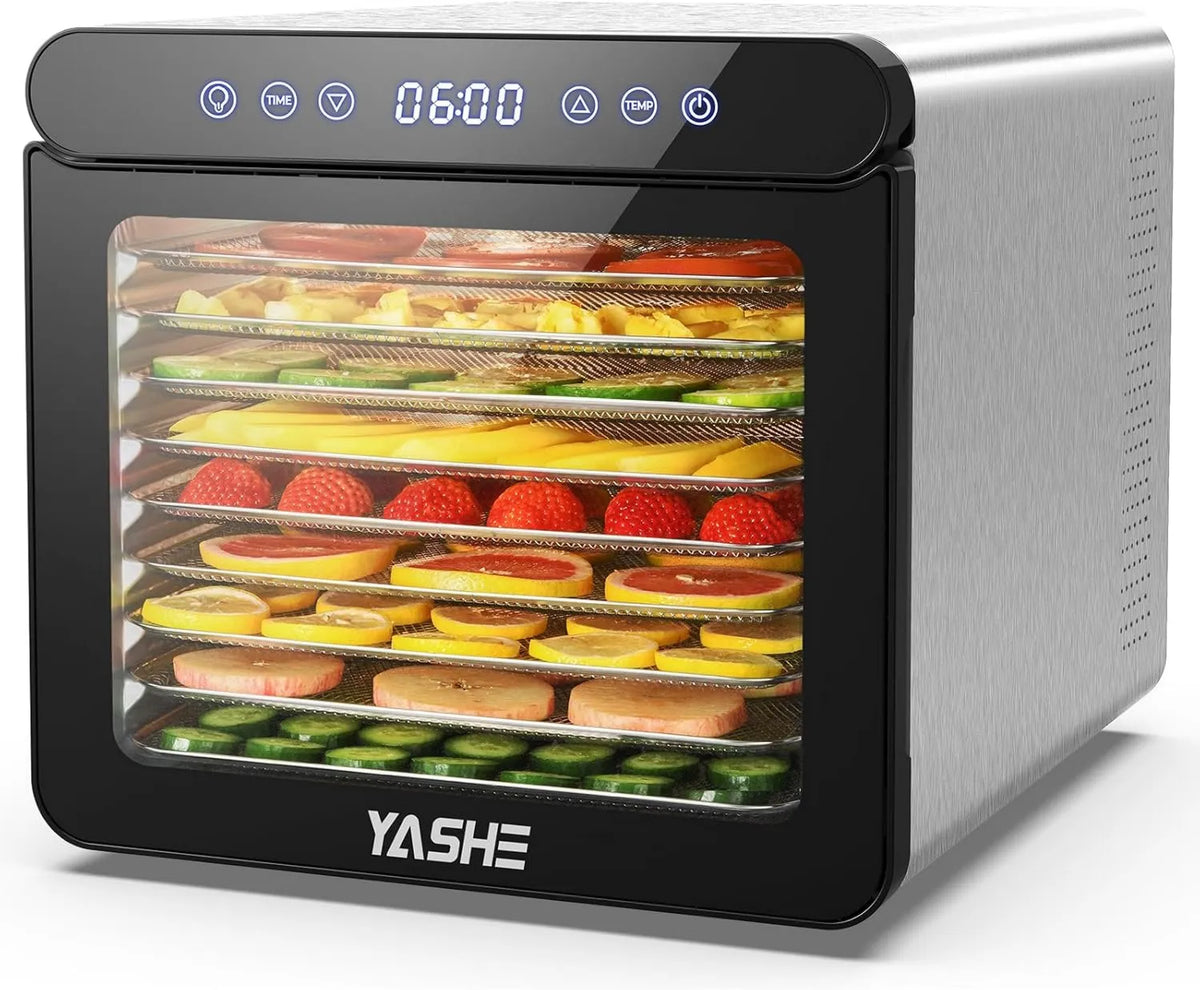 Deshidratador de alimentos 48H, 800W, 9 Bandejas, 1 Bandeja, control programable, pantalla digital, acero inoxidable, Alimentos YASHE con Pantalla LED