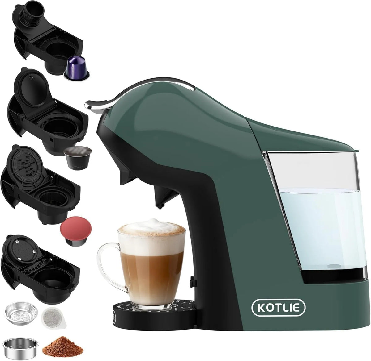 Cafetera, 19 bar, 1 L, 44 mm, KOTLIE de cápsulas 5 en 1, multi cápsulas para Original/Dolce Gusto/ESE Pads, café en polvo, depósito de agua