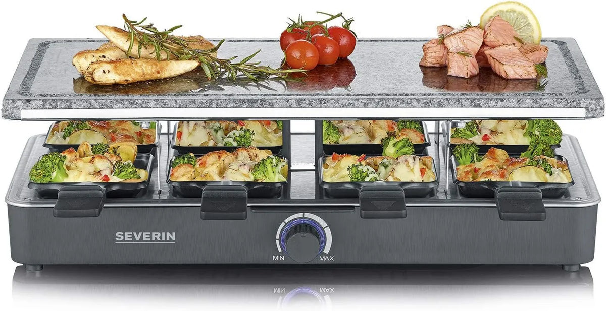 Severin RG 2372 parrilla eléctrica, 1400 W, Raclette con piedra natural, parrilla reversible con superficie de piedra y 8 sartenes antiadherentes