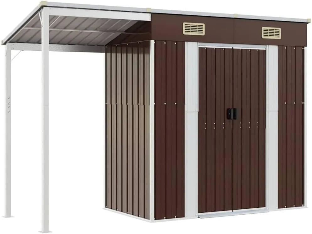Cobertizo de jardín, vidaXL Techo Alargado, Cobertizo con Almacenamiento, Cobertizo de Herramientas Leña, Muebles Equipo, Acero Marrón