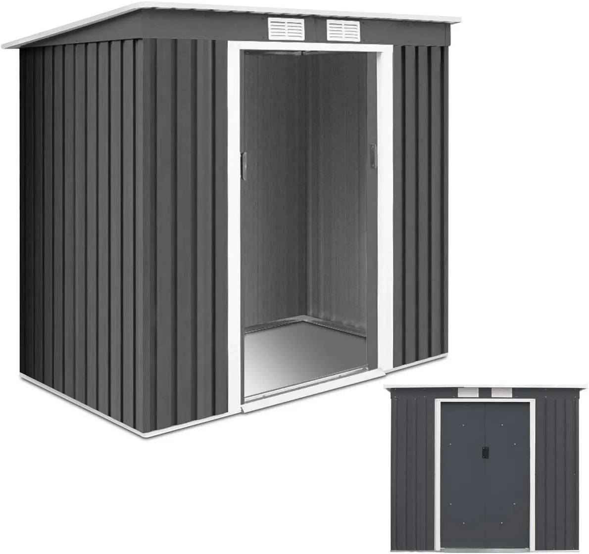 Cobertizo de jardín RELAX4LIFE, 213 x 130 x 173 cm, Metal con Puerta Corredera, con Techo Inclinado, Cobertizo con Persianas para Jardín