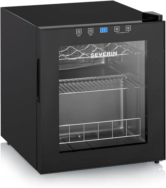 Severin WKS 8907, ajuste regulable, 46 L, 43 dB, 15 Botellas, Botellero, Nivel de Ruido, Puerta de Vidrio con Marco de Plástico y 2 Rejillas Cromadas