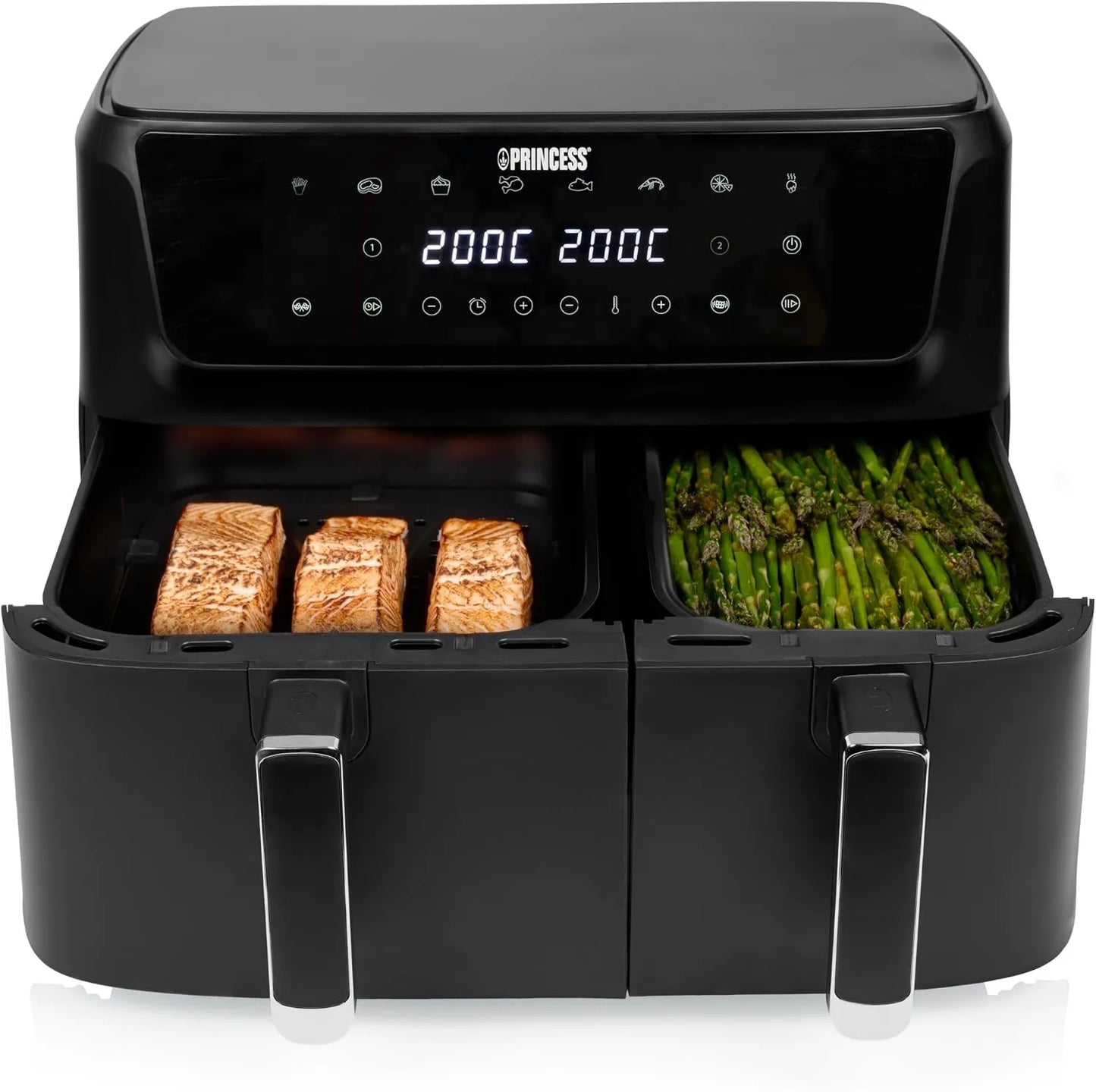 Princess 182470 freidora de aire, 11 L, 6,5 L, 4, Doble Cesta con Panel Digital, Capacidad Total, 8 Programas Automáticos, 2700 W, 80–200 °C
