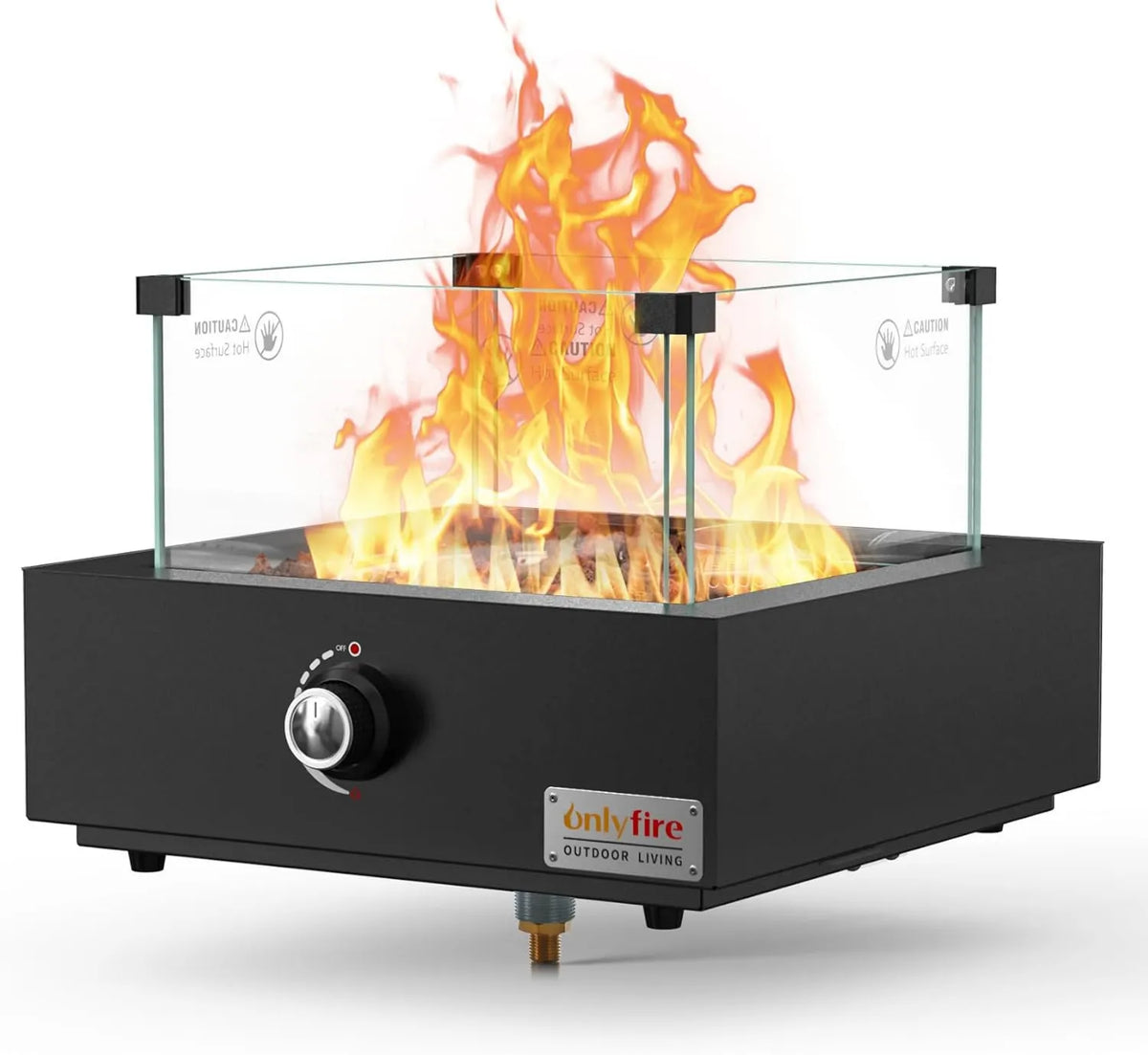 Onlyfire Chimenea de gas de mesa con protección contra el viento de cristal, compatible con gas propano, piedra de lava y entrada de aire inferior
