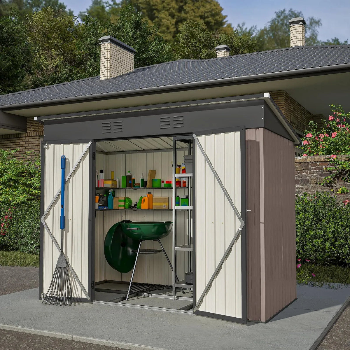 Cobertizo de jardín, 229 x 111 x 182 cm, Almacén con Techo Inclinado, Cobertizo Metálico con Puerta y Ventilación, Casa de Herramientas