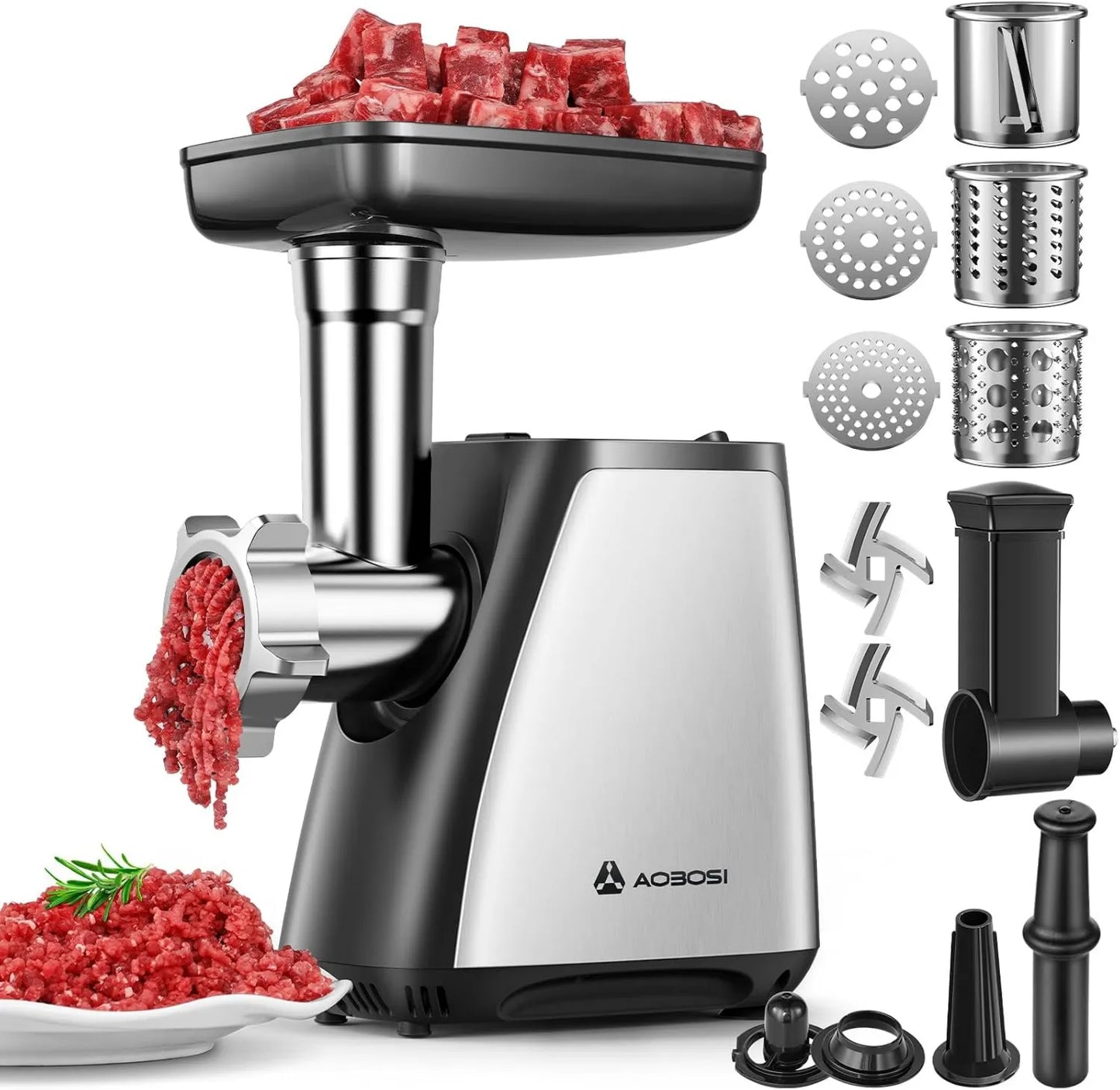 Picadora de carne, Acero Inoxidable, 2800W, con 3 Cuchillas para Cortar, 2 Cuchillas para Desmenuzar, Rellenador de Salchichas